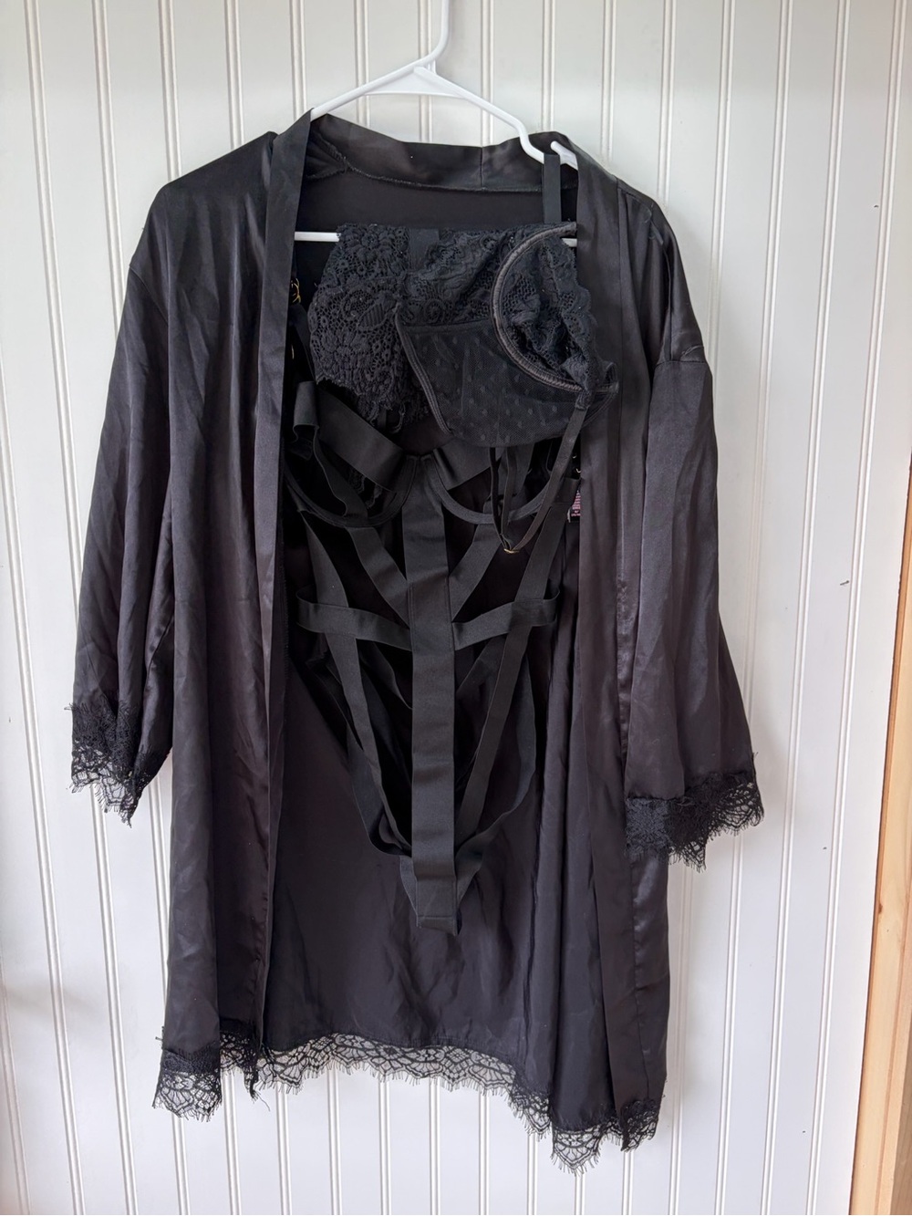 Black Satin Lace-Trim Robe with Strappy Lace Lingerie 4pc set